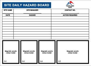 Custom logo & colours Site daily hazard board – Dry wipe (1200mm x 900mm plastic cw eyelets)-TSCBSS021