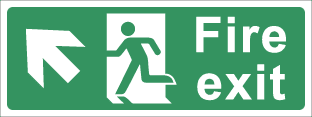 Fire exit c/w arrow at 45 degrees (up and to the left)