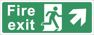 Fire exit c/w arrow at 45 degrees (up and to the right)