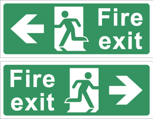 Fire exit c/w arrow right TSC69F and Fire exit c/w arrow left TSC73F (back to back)