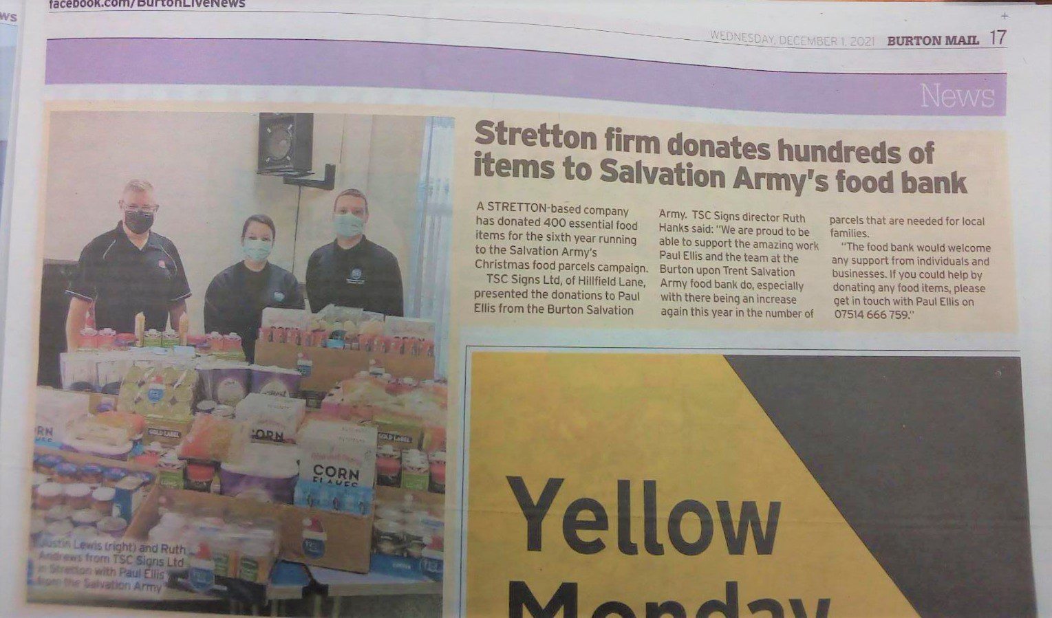 Extract from Burton Mail for foodbank donation