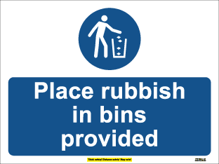 Place rubbish in bins provided (with safety message) (200mm x 150mm Self Adhesive)