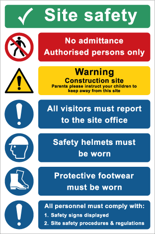 Site safety // No admittance // Warning Construction // All visitors // Safety helmet // All personnel....