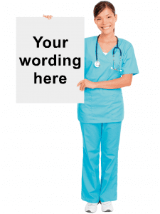 Woman in blue scrubs holding a customisable sign