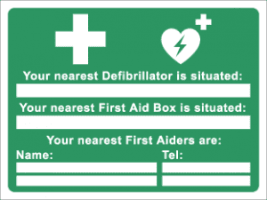 Your nearest defibrillator // First aid box // First aiders are...