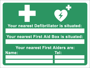 Your nearest defibrillator // First aid box // First aiders are...